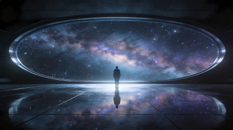 星空窗前孤独剪影