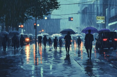 暴雨中的街道积水与行人车辆
