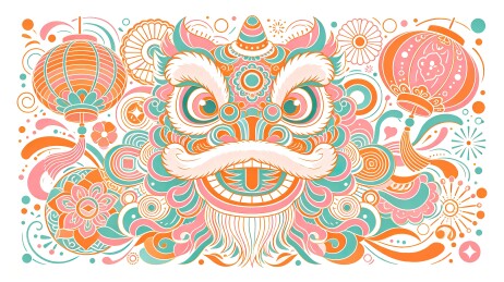 新春醒狮国风线描插画