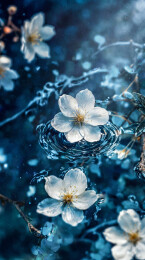 清泉水面漂浮的白色花簇