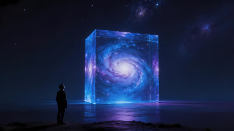 水中悬浮立方体包裹蓝紫星系