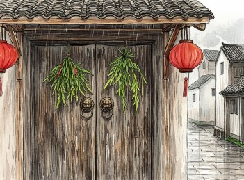 古朴木门挂红灯笼图片