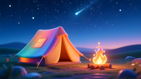夏日星空下露营篝火温馨治愈插画