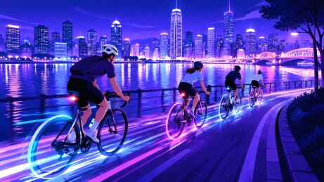夏日城市滨江步道年轻人夜骑图