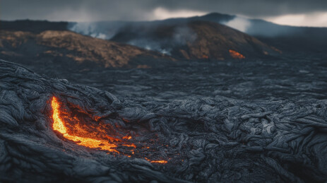 熔岩在黑色火山岩层中缓慢流淌