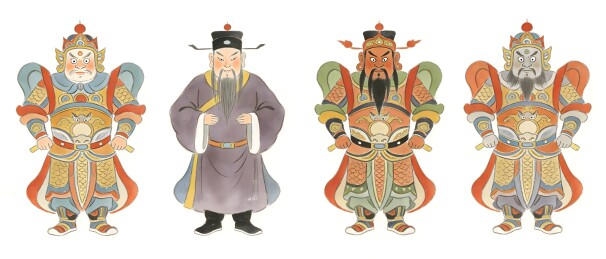 四幅传统人物画像色彩鲜艳