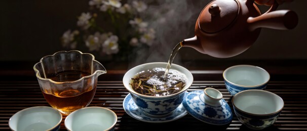 茶壶倾倒热茶于青花瓷碗