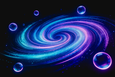 霓虹螺旋星系与漂浮的透明气泡