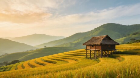 梯田稻香茅屋山景
