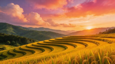 金色梯田日落美景