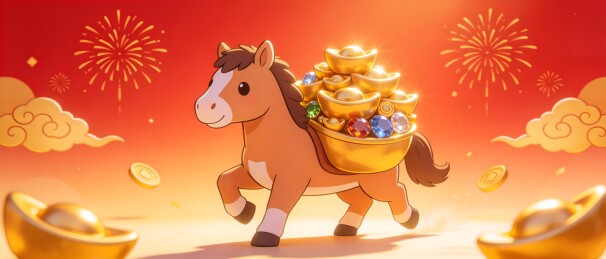 卡通骏马驮金元宝迎新春