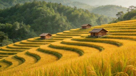 金黄梯田与茅屋山景