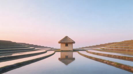 梯田水映茅屋静谧美景