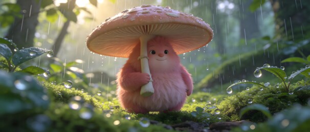 雨中蘑菇伞下的萌趣小兽
