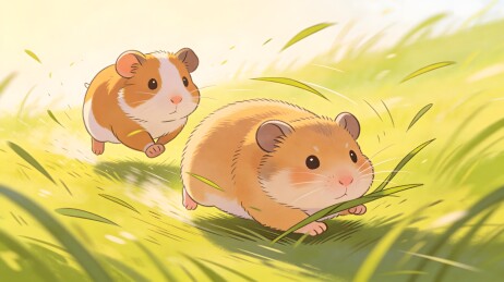 两只豚鼠草丛奔跑可爱瞬间