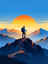 日出时分山顶上的登山者剪影