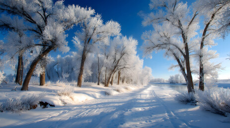 霜挂树枝的雪后林间小径