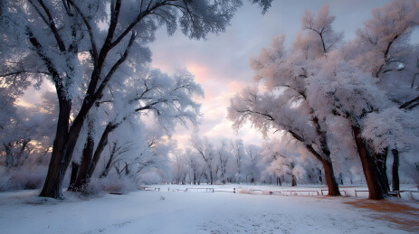 雪覆树林晨光静谧冬景