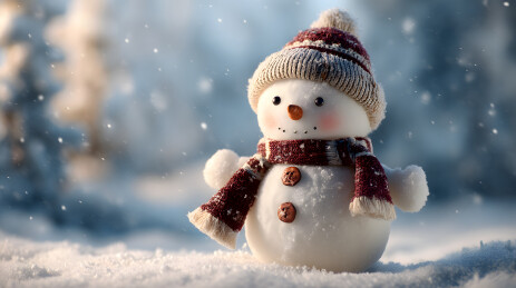 戴毛线帽围巾的雪人立于雪中
