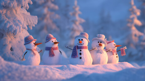 五个戴帽围巾雪人立于雪林中