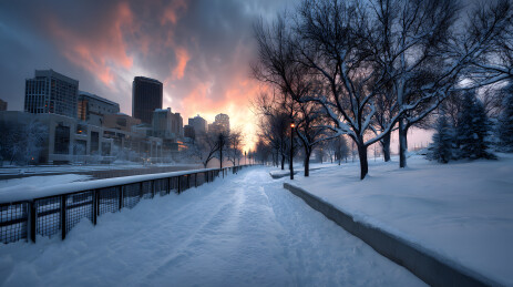 雪后城市步道与晚霞天空