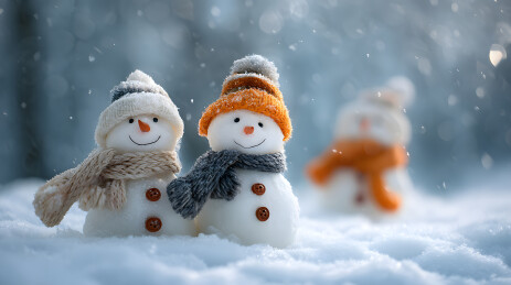 雪地中戴帽围巾的微笑雪人