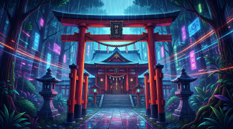 赛博神社鸟居霓虹背景