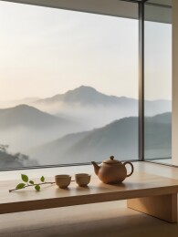 窗前茶具远山雾霭