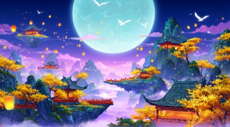 月夜仙山古风楼阁盛景