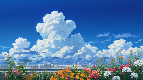 动漫风夏日积雨云与城市花坛风景