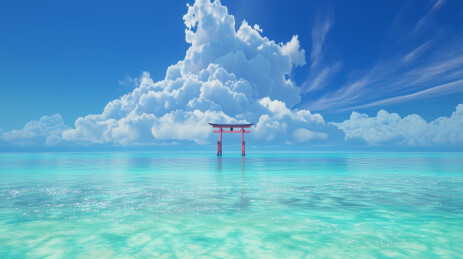 海上红色鸟居与晴空巨大白云唯美风景