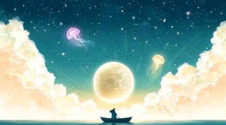 月夜云海乘舟奇幻场景
