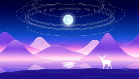 月夜湖畔灵鹿梦幻场景