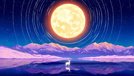 月夜湖山灵鹿插画