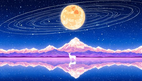 月夜山湖灵鹿梦幻场景