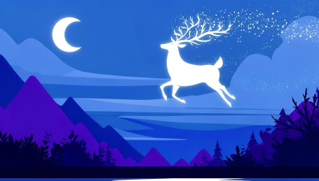 月夜山间灵鹿跃动