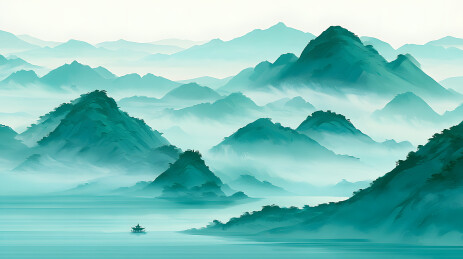 青绿山水墨亭台   
