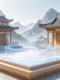 古风亭台透明展台新中式科技场景插画