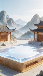 古风亭台透明展台新中式科技场景插画