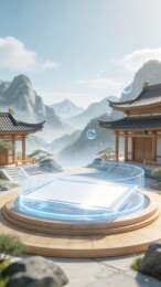 古风亭台透明展台新中式科技场景插画