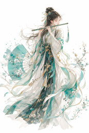 青衣少女吹笛花影