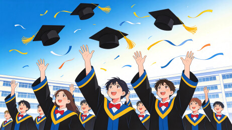 毕业季校园里学生抛起学士帽插画