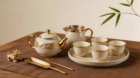白瓷金边茶具静物素材