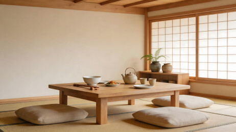日式榻榻米茶具静物插画
