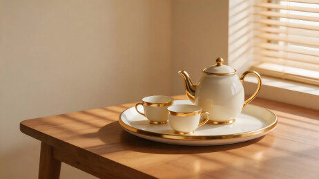 白瓷金边茶具静物摄影