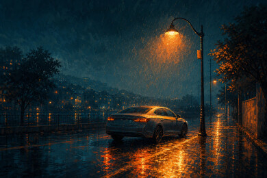 雨夜街灯下的轿车