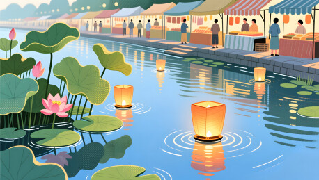中元节河灯微光市集插画