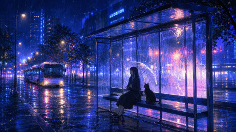 雨夜公交站候车
