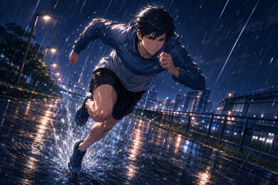 雨夜青年街头奔跑