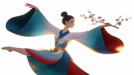 舞者手持梅花枝翩翩起舞